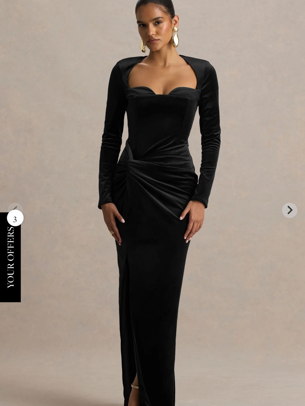 Black Long-Sleeve Velvet Ruched Gown